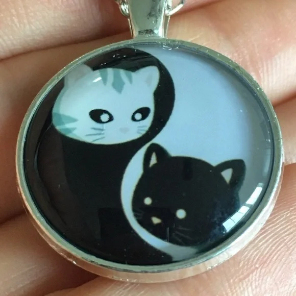 Yin Yang Black and White Silver Tone Necklace - Picture 4 of 7